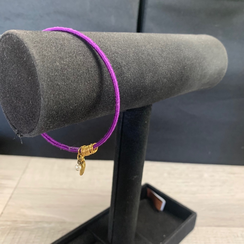 Purple Cord Bangle Bracelet Gold Angel Wing Charm Faux Pearl 8.5 Inch 5114